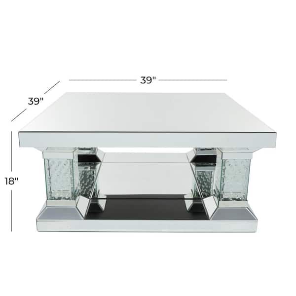 39 in. Silver Medium Square Wood Mirrored Coffee Table with Crystal Embellishments