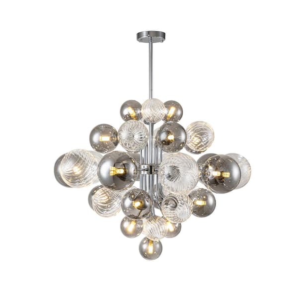 HUOKU 18-Light Chrome and Smoky Bubble;Island;Sputnik Cluster;Globe;Tiered Chandelier for Dining Room with Ribbed Glass