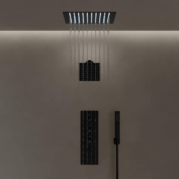 12 in. Mood Light Quadruple Handles 3-Spray Shower Faucet 2.5 GPM with LED, Anti Scald in Matte Black