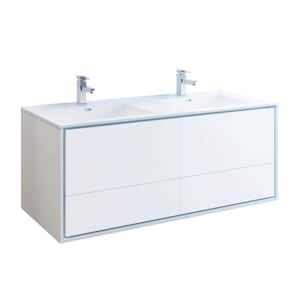 Catania 60 in. Modern Double Wall Hung Bath Vanity in Glossy White, Vanity Top in White with White Basins