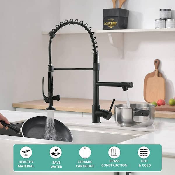 2-Handles 2 Spout Pre-Rinse Spring Pull Down Sprayer Kitchen Faucet in Matte Black