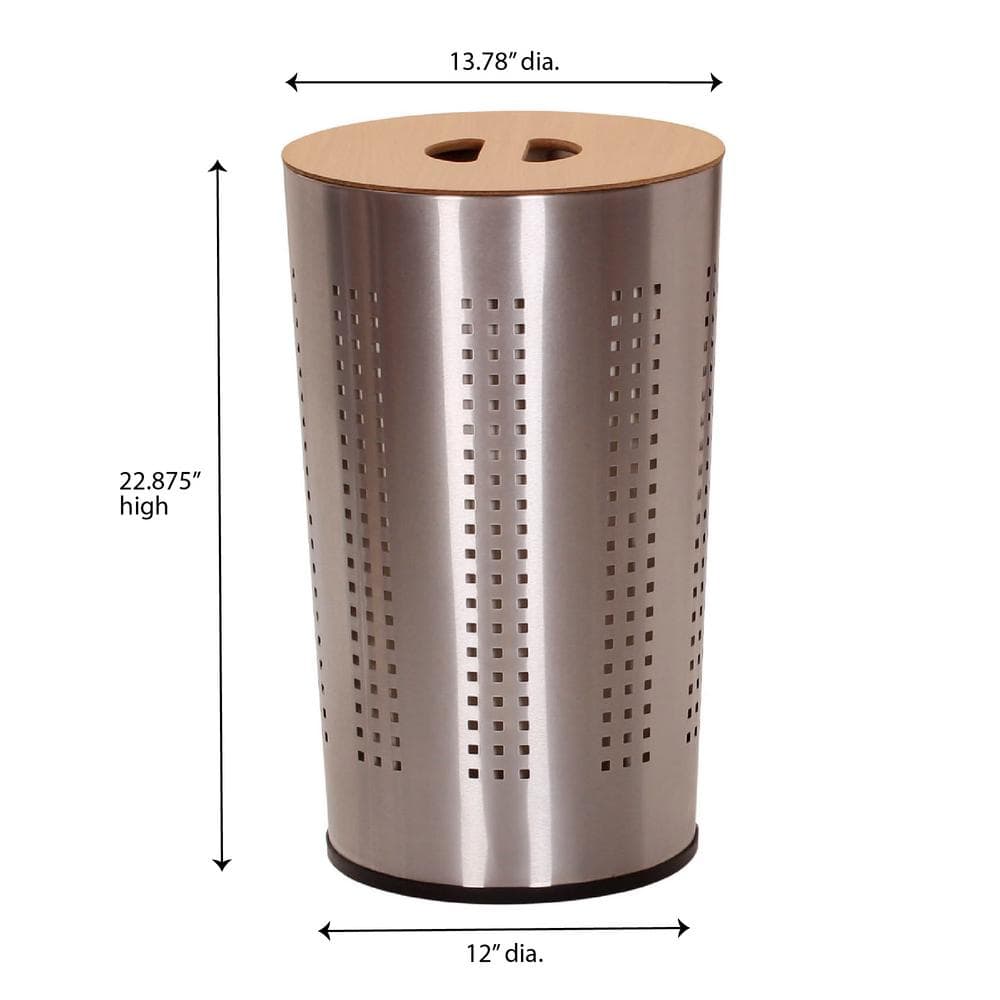Round Silver Stainless Steel Laundry Hamper with Wooden Lid