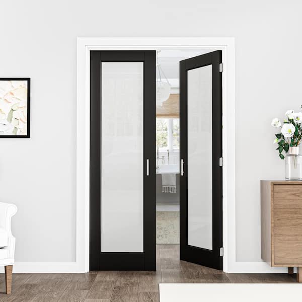 48 in. x 80 in. (Double 24 in. ) 1-Lite Frosted Glass Black Solid Core Wood French Doors Interior Door Slab+ Ball Catch