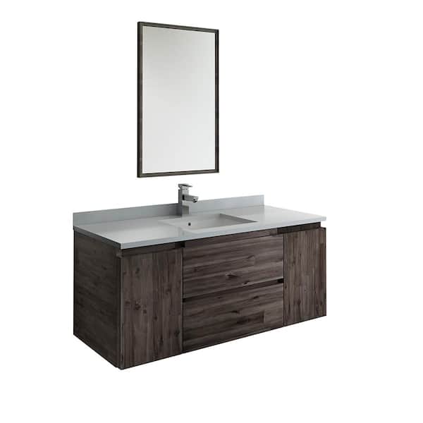 Fresca Formosa 48 in. Modern Wall Hung Vanity in Warm Gray with Quartz Stone Vanity Top in White with White Basin and Mirror