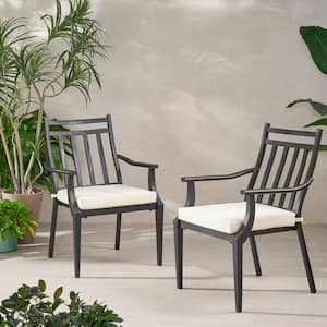 Delmar Matte Black Removable Cushions Metal Outdoor Dining Chair with Beige Cushion (2-Pack)