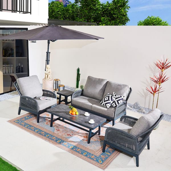 Bellaire 4-Person Patio Outdoor Aluminum Rope Weaving Conversation Set with Gray Cushions
