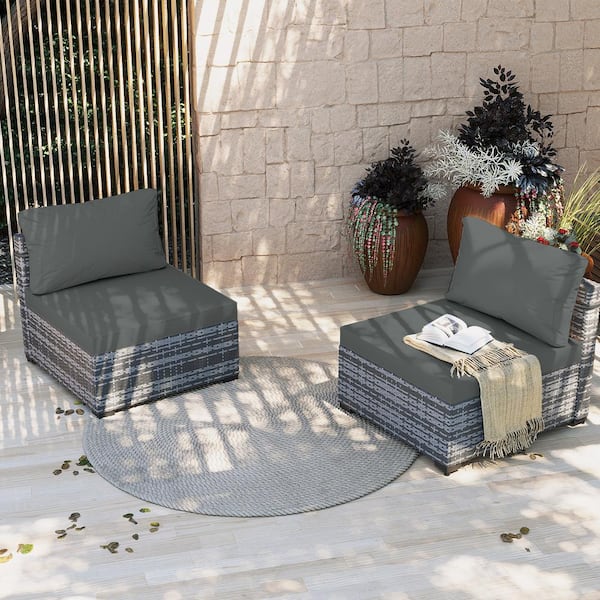 UPHA 2-Pieces Gray Wicker Patio Conversation Seating with Dark Gray Cushions