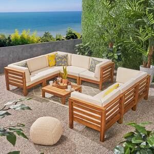 Jonah Teak Finish 9-Piece Wood Outdoor Sectional Sofa Set with Beige Cushions