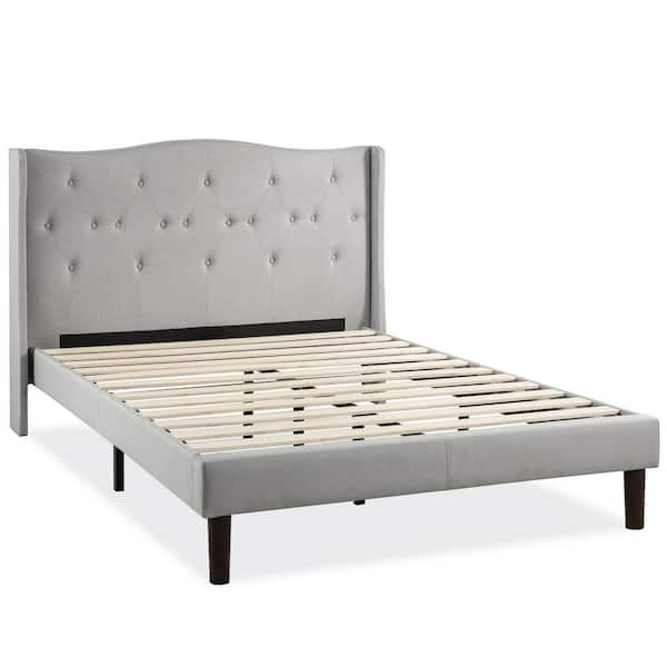 best price mattress AMABEL Upholstered Platform Bed with Tufted Wingback Headboard, Wooden Slats, Light Grey, Queen