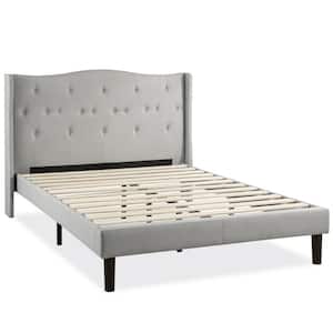 AMABEL Upholstered Platform Bed with Tufted Wingback Headboard, Wooden Slats, Light Grey, Full