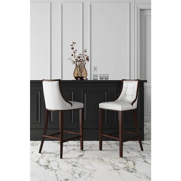 Fifth Avenue 26 in. Pearl White and Walnut Beech Wood Counter Stool with Faux Leather Upholstered Seat (Set of 2)