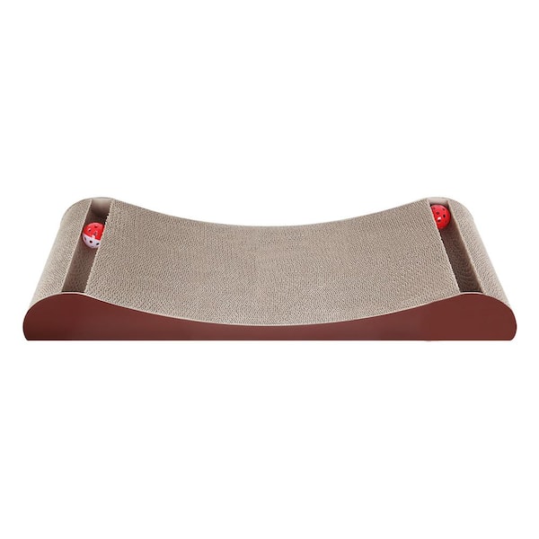 Amucolo Brown Wood Cat Scratcher Cardboard Lounge Bed with Bell Ball Toy