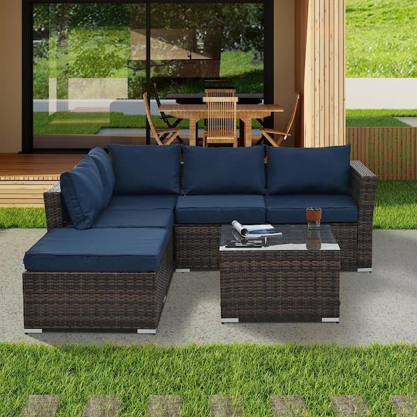 Runesay 4 Piece Wicker Sectional Set Patio Furniture Sets Outdoor Dining Sectional Sofa Couch with Cushions in Dark Blue