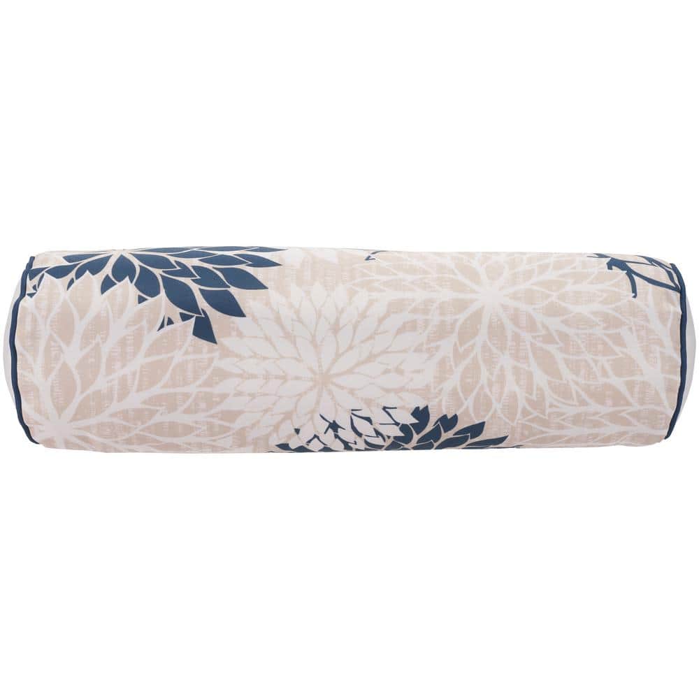 Ivory and Navy Floral Outdoor Bolster Pillow 6" x 20"