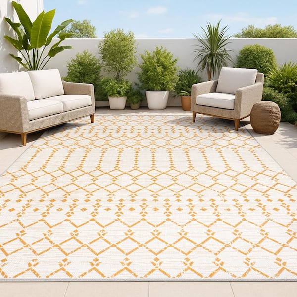 Ourika Moroccan Geometric Textured Weave Cream/Orange 9 ft. x 12 ft. Indoor/Outdoor Area Rug