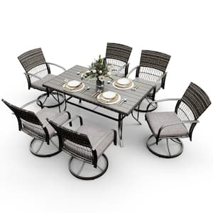 7-Piece Metal Patio Outdoor Dining Set with Rectangle Table and Rattan Swivel Chairs Gray Cushion