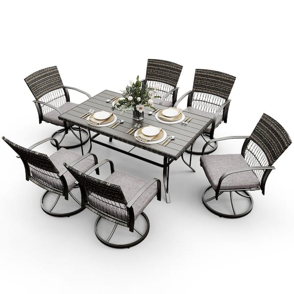 PamaPic 7-Piece Metal Patio Outdoor Dining Set with Rectangle Table and Rattan Swivel Chairs Gray Cushion