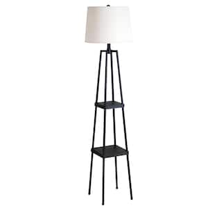 58 in. Distressed Iron Etagere Floor Lamp with Linen Shade