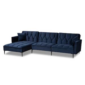 Galena 108 in. Navy Blue and Black Velvet 3-Seats Sofa with Left Facing Chaise