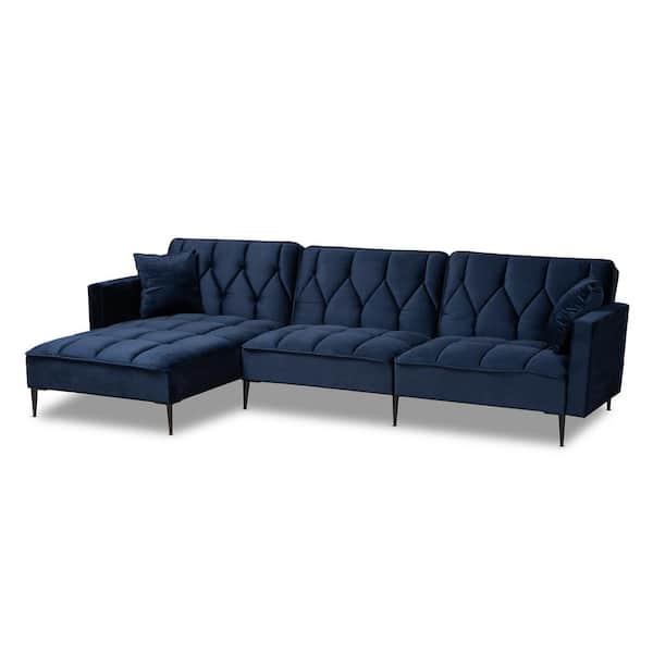 Baxton Studio Galena 108 in. Navy Blue and Black Velvet 3-Seats Sofa with Left Facing Chaise