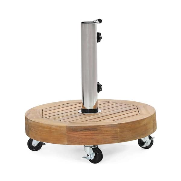 ITOPFOX 30 lbs. Round Acacia Wood Patio Umbrella Base with Stainless Steel Tube & Locking Wheels in Teak