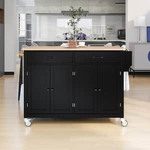 Black Solid Wood 54.3 in. Kitchen Island with 2-Drawers 4-Doors Spice Rack and Towel Rack
