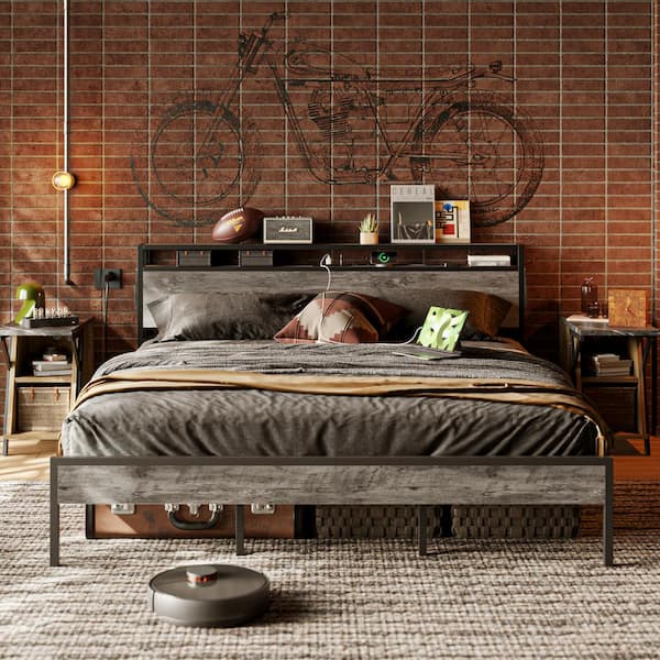 Bestier Grey Metal Frame King Size Platform Bed with Charge Station and Storage Headboard, LED Lights