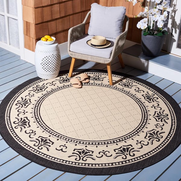 Courtyard Sand/Black 8 ft. x 8 ft. Round Border Indoor/Outdoor Patio  Area Rug