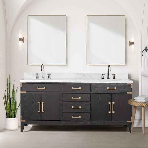 Lexora Fossa 72 in W x 22 in D Black Oak Double Bath Vanity, Carrara Marble Top, and Faucet Set