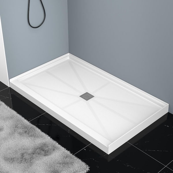 Durbase 60 in. L x 32 in. W SMC Single Threshold Alcove Shower Pan Base in White w/ Center Drain, Stainless Steel Cover