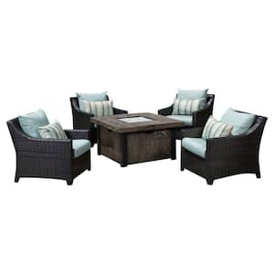 Deco 5-Piece Wicker Patio Fire Pit Conversation Set with Bliss Blue Cushions
