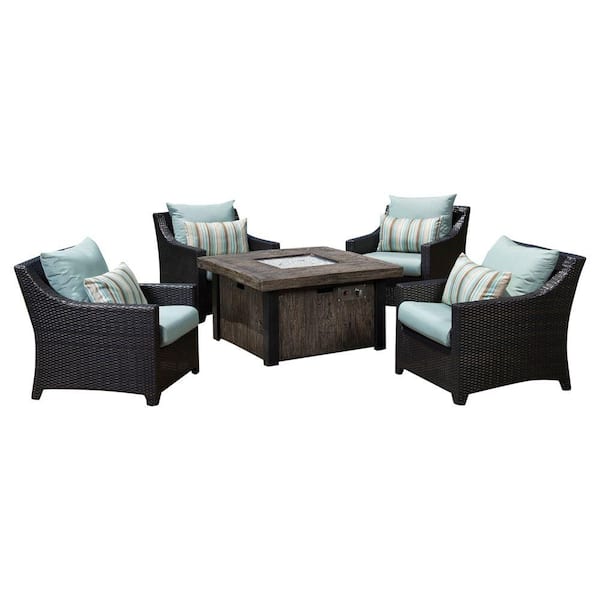 RST BRANDS Deco 5-Piece Wicker Patio Fire Pit Conversation Set with Bliss Blue Cushions