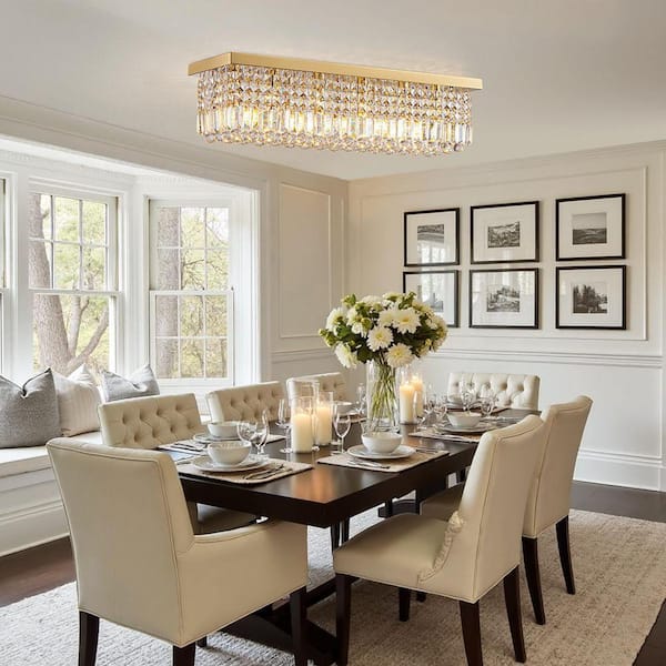LuminFan 31.5 in. 6-Light Gold Crystal Rectangular Chandelier for
