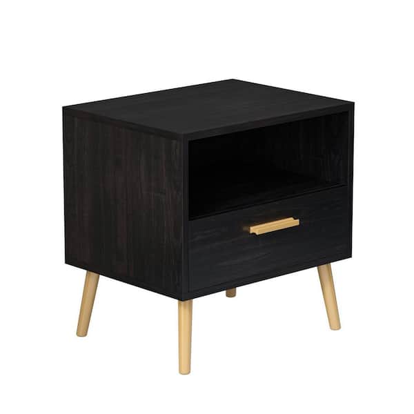 FUFU&GAGA 1-Drawer and 1-Open Shelf, Black Wooden Nightstands( Set of 2 ), 20 in. H-19.5 in. W-15.6 in. D