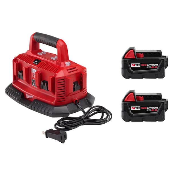 Milwaukee M18 18V Lithium-Ion 6-Port Sequential Battery Charger w/(2) M18 5.0Ah Batteries