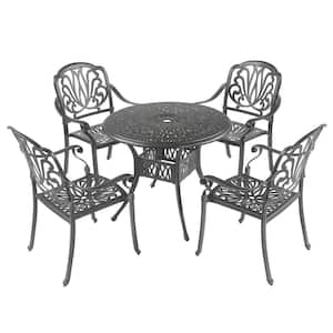5-Piece Black Metal Outdoor Dining Table Set with Round Table and Umbrella Hole, Lattice Weave Design