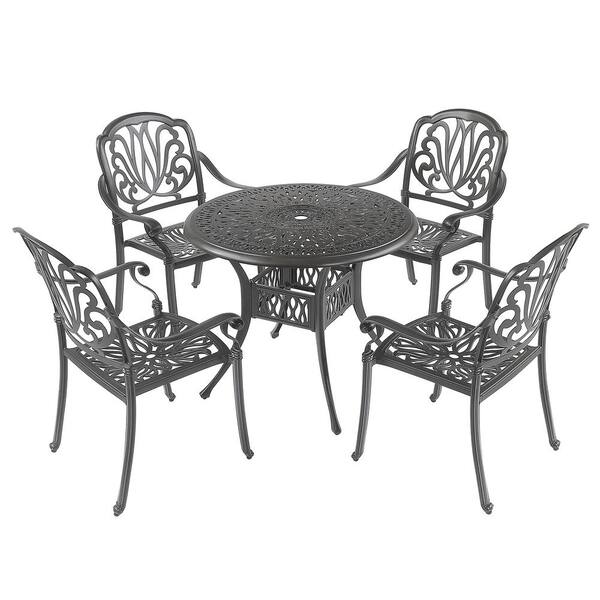 Angel Sar 5-Piece Black Metal Outdoor Dining Table Set with Round Table and Umbrella Hole, Lattice Weave Design