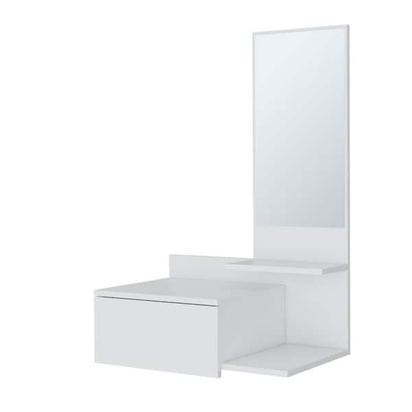 23.6 in. W x 13.7 in. D White Melamine and Particle Board Floating Decorative Wall Shelf with Drawer and Mirror
