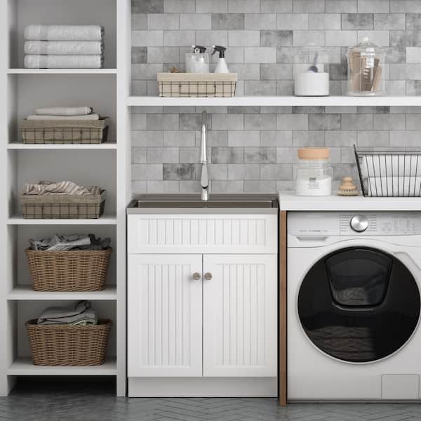 Simpli Home Beckham 28-Inch Utility Laundry Sink & Cabinet in Pure White