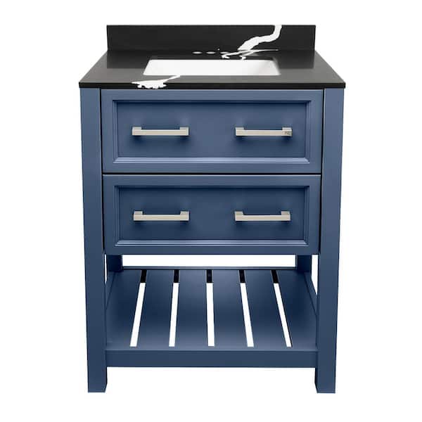 Ella Tremblant 25 in. W x 19 in. D x 36 in. H Bath Vanity in Navy Blue with Quartz Stone Calacatta Black Top with White Basin