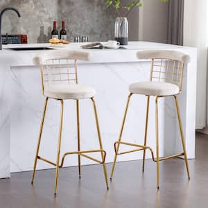 32 in. Beige Soft Back Metal Counter Height Bar Stool with Velvet Seat (Set of 2)