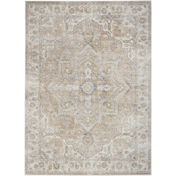 Nourison Astra Machine Washable Beige 5 ft. x 7 ft. Distressed Traditional Area Rug