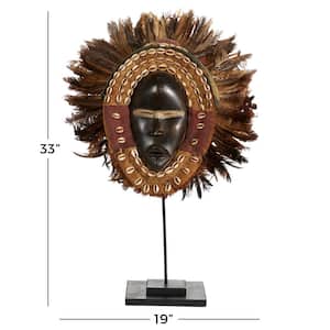 19 in. x 33 in. Brown Hand-Carved Baobab Wood, Chicken Feathers and Cowrie Shell Dan Mask on Stand