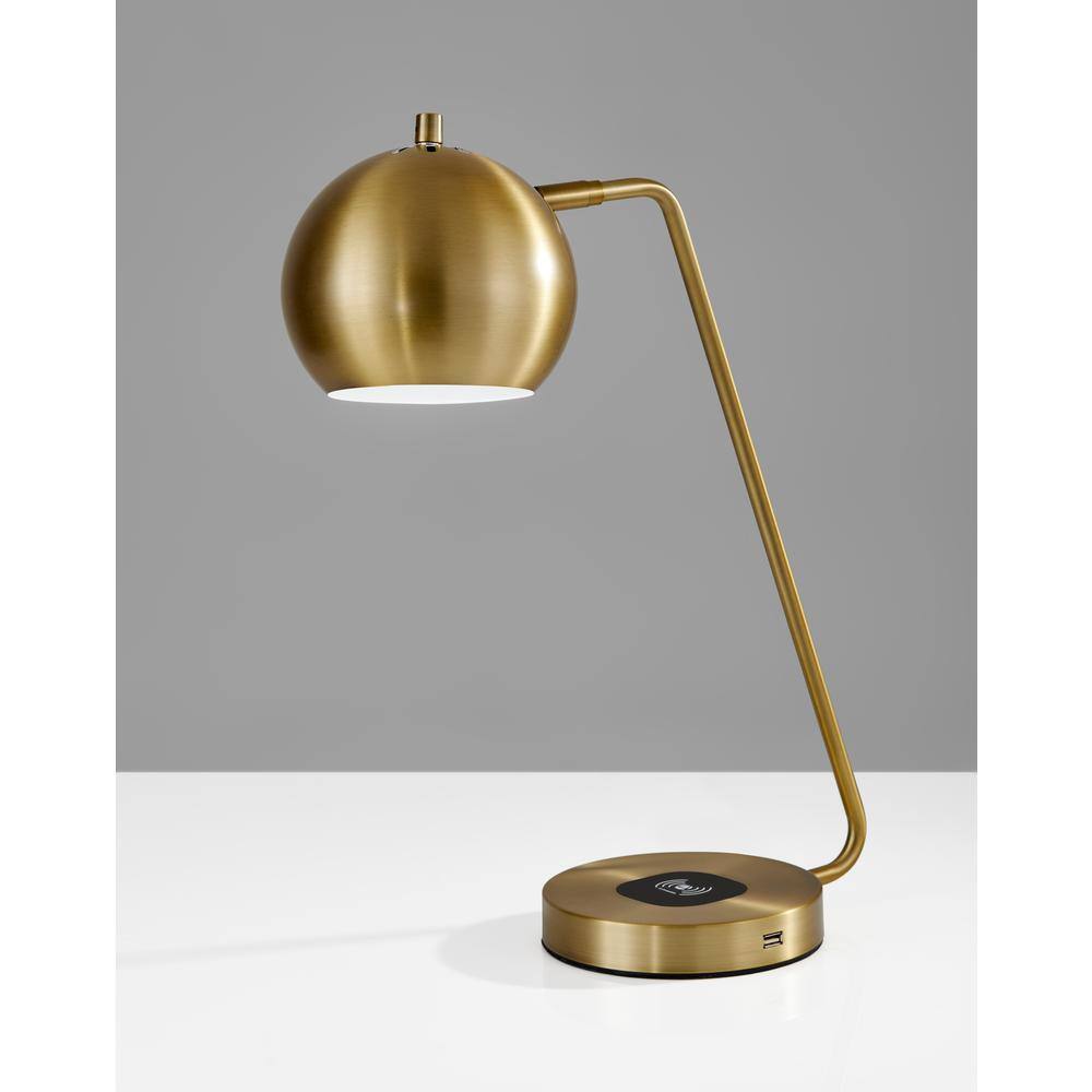 18" x 20.5" Emerson Adessocharge Desk Lamp Brass: Qi Wireless Charging, USB Port - Adesso