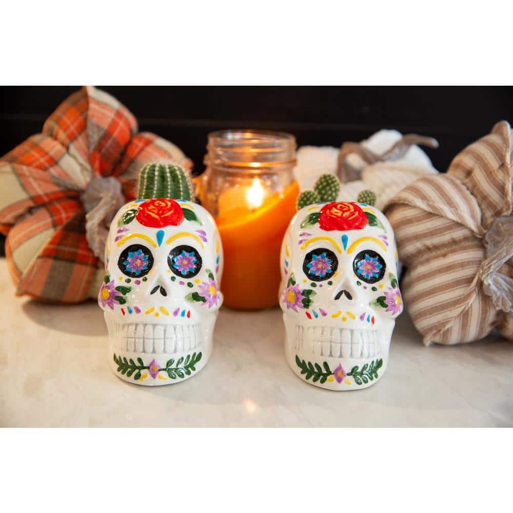 Set of 2 Multicolor Ceramic Skull Planters