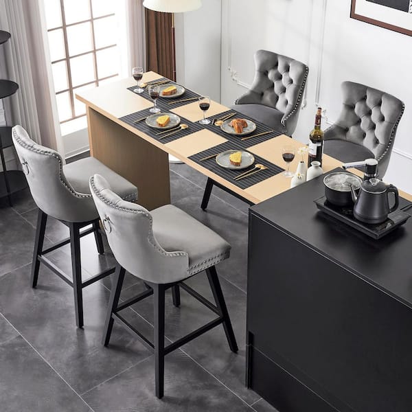 26 in. Gray Velvet Upholstered Solid Wood Frame Counter Height Bar Stool Swivel Counter Stool (Set of 4)