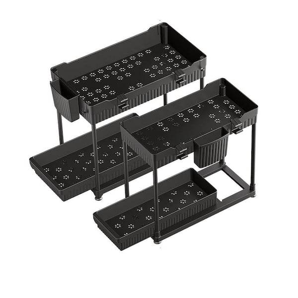 2-Tier Under Sink Organizer, Black ABS Plastic Sliding L-Shape Cabinet Storage Shelves with Hooks for Kitchen Bathroom