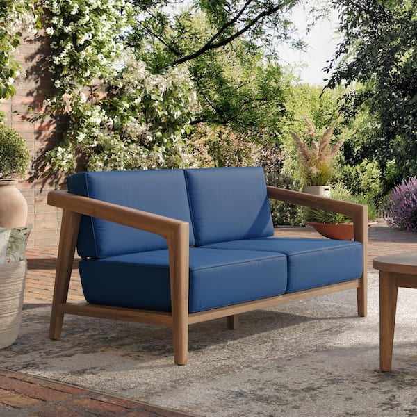 NEW CLASSIC HOME FURNISHINGS New Classic Furniture Bali Wood Outdoor Loveseat with Blue Cushions