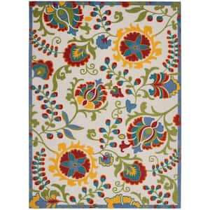 Aloha Ivory/Multicolor 7 ft. x 10 ft. Floral Contemporary Indoor/Outdoor Patio Area Rug