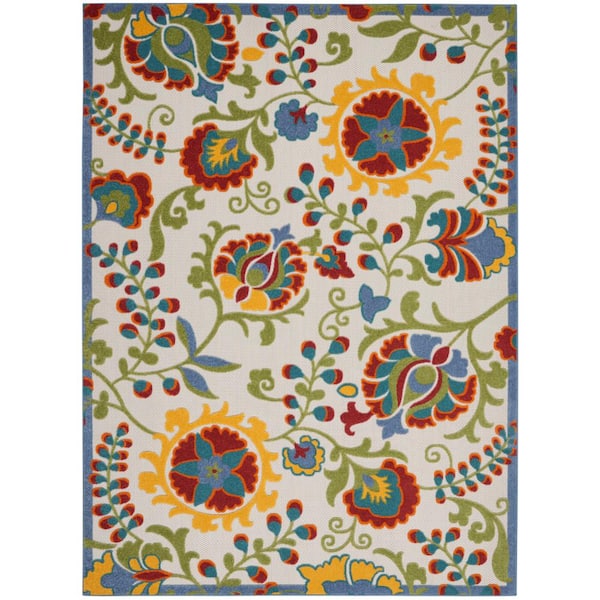Nourison Aloha Ivory/Multicolor 9 ft. x 12 ft. Floral Contemporary Indoor/Outdoor Patio Area Rug